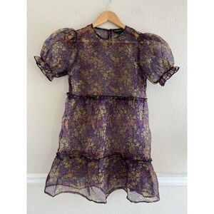 Wednesday's Girl Womens S Sheer Organza Floral Tiered Babydoll Dress Puff Sleeve